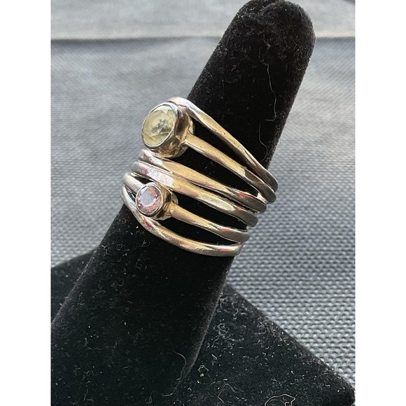 925 Sterling Silver Multi Band Round Gemstone Ring Size 7 Vintage Estate Jewelry - Picture 3 of 8